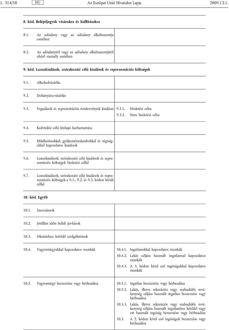 3.2. Nem hirdetési célra 9.4. Kedvtelési célú kishajó karbantartása 9.5. Műalkotásokkal, gyűjteménydarabokkal és régiségekkel kapcsolatos kiadások 9.6.