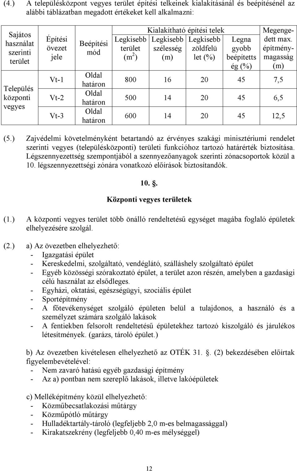 (%) Legna gyobb beépítetts ég (%) Megengedett max. építménymagasság (m) 800 16 20 45 7,5 500 14 20 45 6,5 600 14 20 45 12,5 (5.