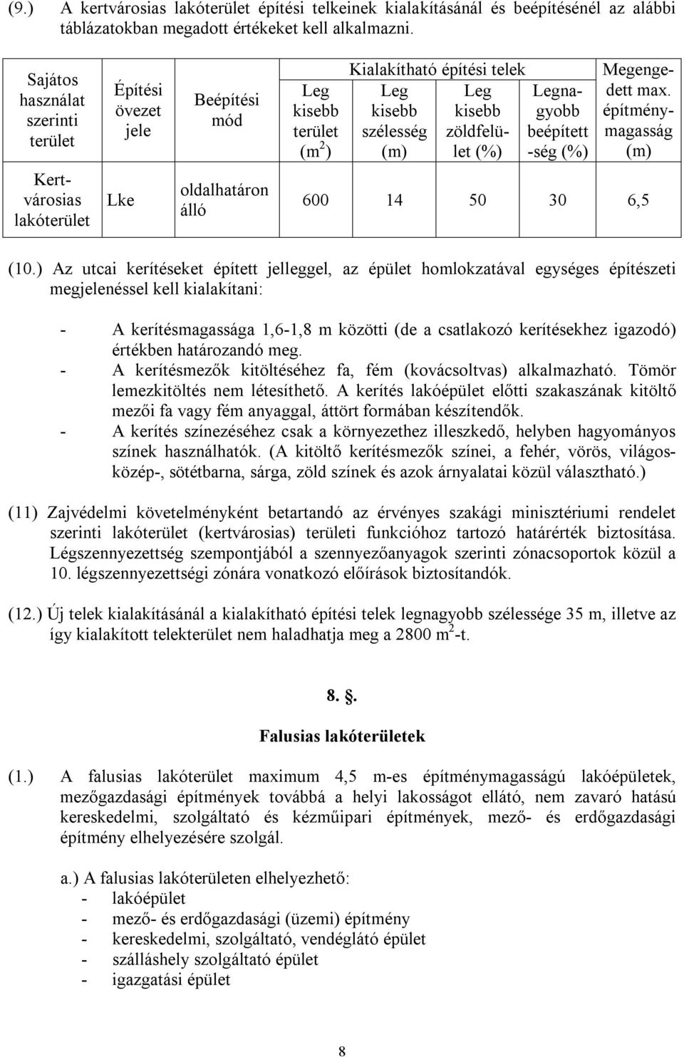 (%) Megengedett max. építménymagasság (m) Kertvárosias lakóterület Lke oldalhatáron álló 600 14 50 30 6,5 (10.