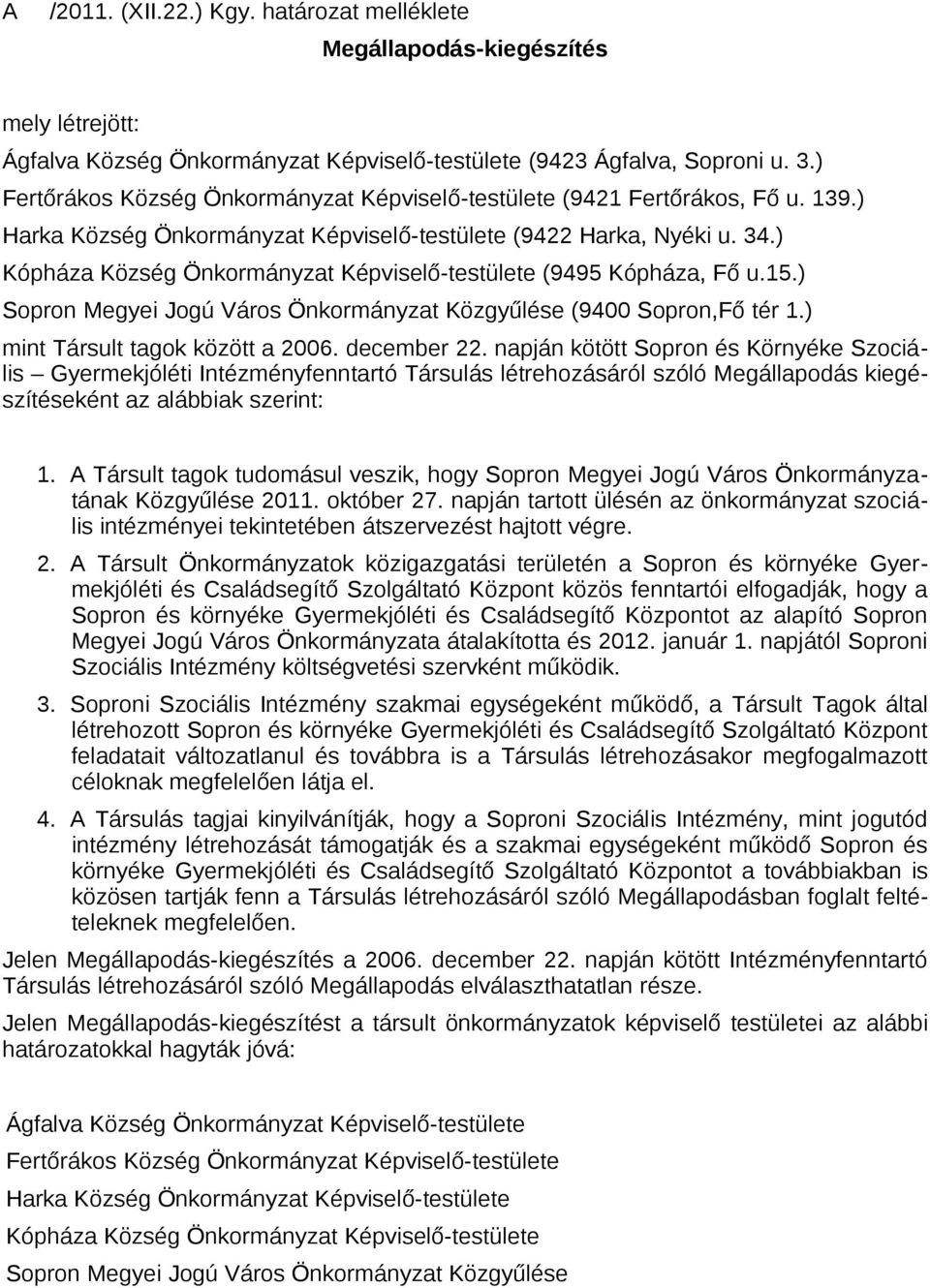 ) Kópháza Község Önkormányzat Képviselő-testülete (9495 Kópháza, Fő u.15.) Sopron Megyei Jogú Város Önkormányzat Közgyűlése (9400 Sopron,Fő tér 1.) mint Társult tagok között a 2006. december 22.