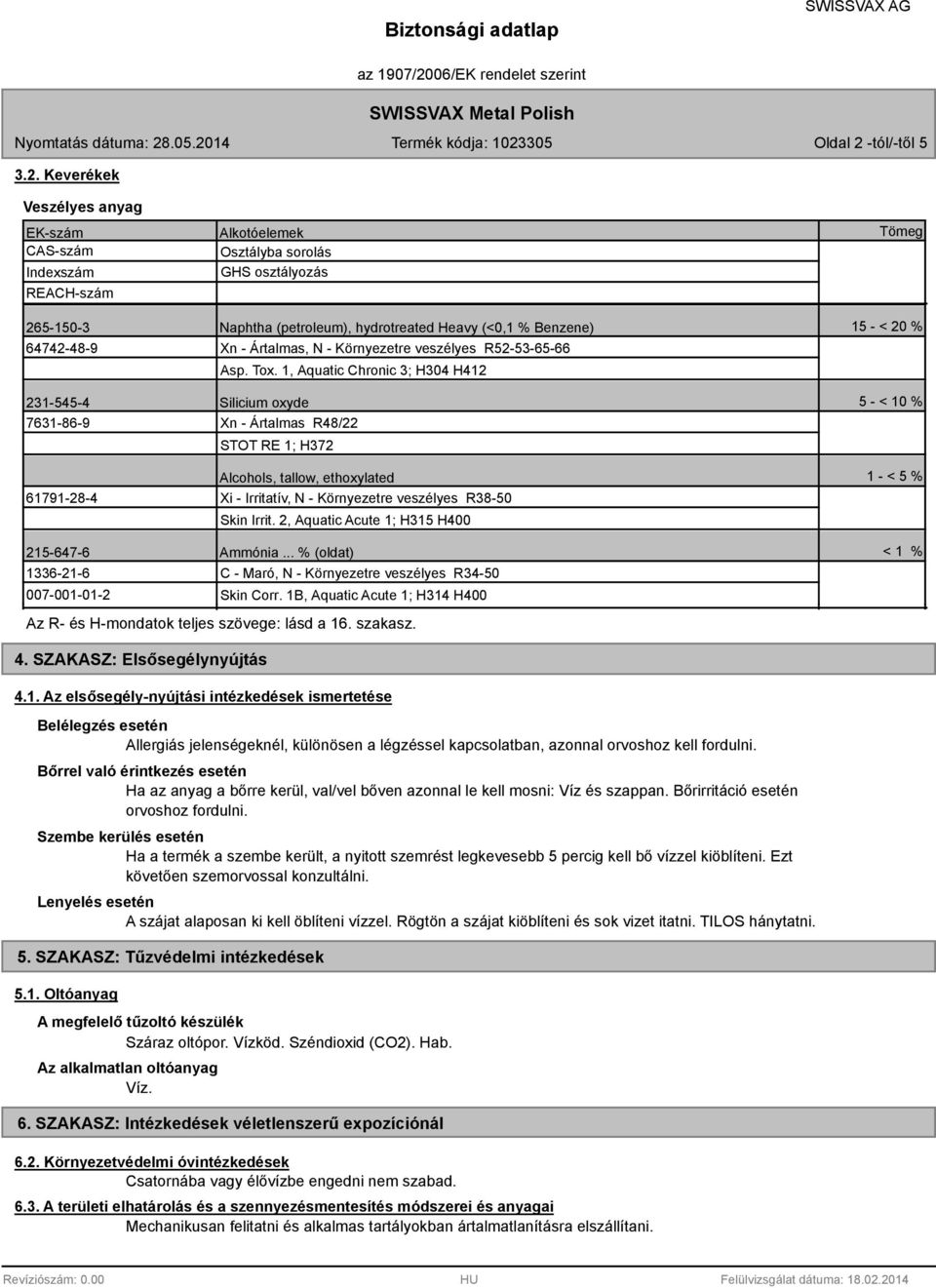 Keverékek Veszélyes anyag EK-szám Indexszám REACH-szám 265-150-3 64742-48-9 231-545-4 7631-86-9 61791-28-4 Osztályba sorolás GHS osztályozás Naphtha (petroleum), hydrotreated Heavy (<0,1 % Benzene)