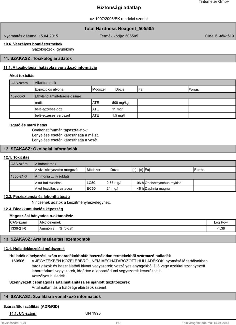 . SZAKASZ: Toxikológiai adatok 11