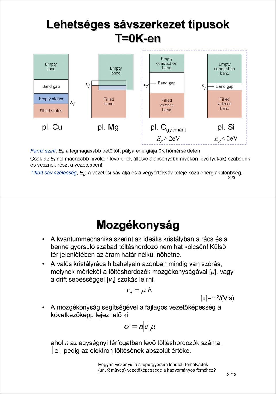 részt a vezetésben! Tiltott szélesség, E g : a vezetési alja és a vegyérték teteje közti energiakülönbség.