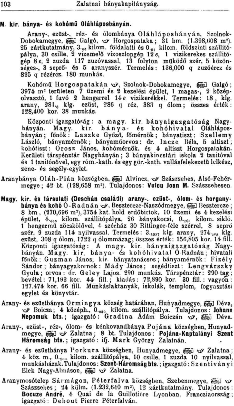 földszinti szállitópálya, 30 csille, 2 vizemelő vizoszlopgép 12e, 1 vizikerekes szállitógép 8e, 2 zúzda 117 zuzóvassal, 13 folyton működő szér, 5 közönséges-, 3 seprő- és 5 aranyszér.