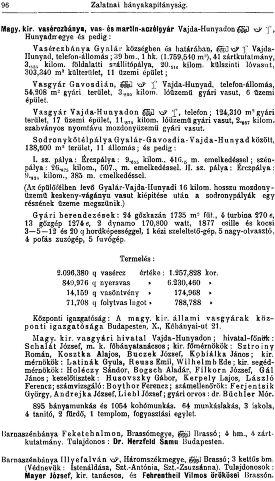 külszinti lóvasut, 303,340 m 3 külterület, 11 üzemi épület; Vasgyár Gavosdián, n ' Vajda-Hunyad, telefon-állomás, 54,208 m 2 gyári terület, 3. 200 kilom. lóüzemű gyári vasút, 6 üzemi épület.