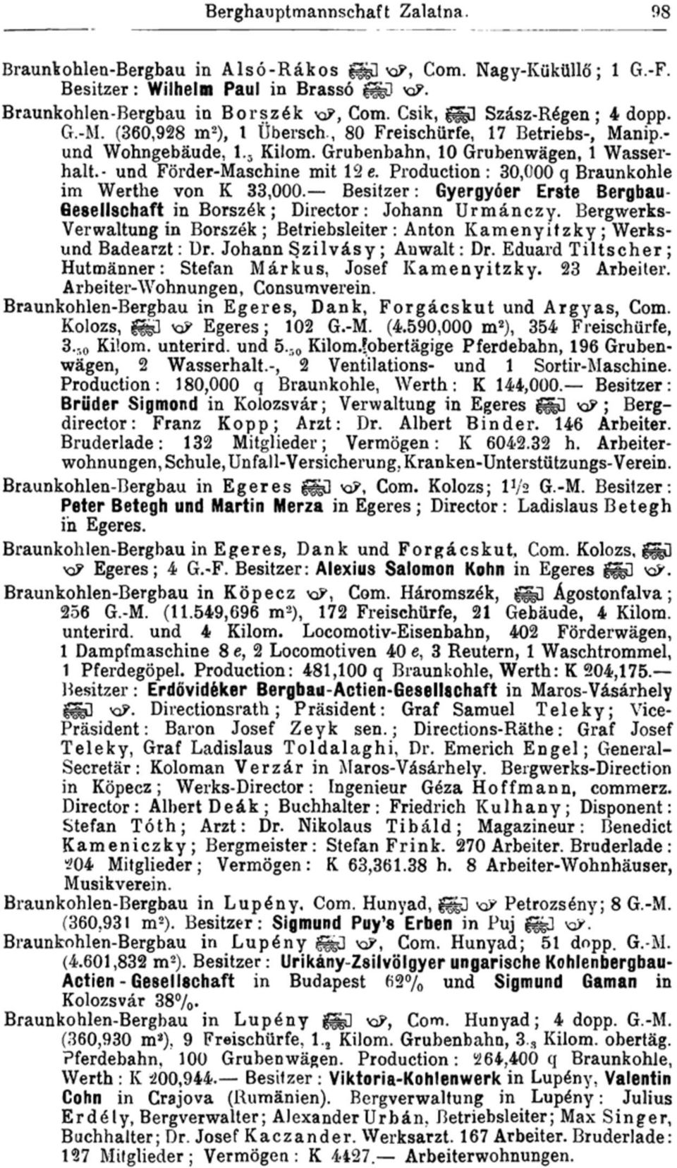 - und Förder-Maschine mit 12 e. Production: 30,000 q Braunkohle im Werthe von K 33,000. Besitzer: Gyergyóer Erste Bergbau- Gesellschaft in Borszék; Director: Johann Urmánczy.