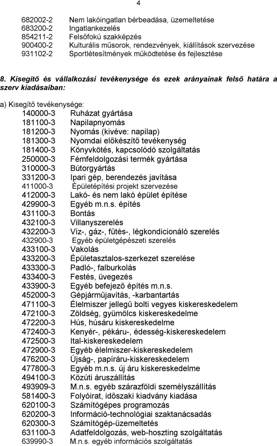 Kisegítő és vállalkozási tevékenysége és ezek arányainak felső határa a szerv kiadásaiban: a) Kisegítő tevékenysége: 140000-3 Ruházat gyártása 181100-3 Napilapnyomás 181200-3 Nyomás (kivéve: napilap)