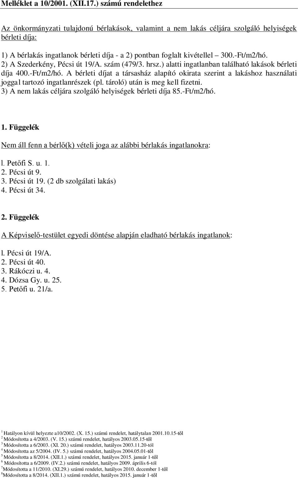 -Ft/m/hó. ) A Szederkény, Pécsi út 9/A. szám (79/. hrsz.) alatti ingatlanban található lakások bérleti díja 00.-Ft/m/hó. A bérleti díjat a társasház alapító okirata szerint a lakáshoz használati joggal tartozó ingatlanrészek (pl.