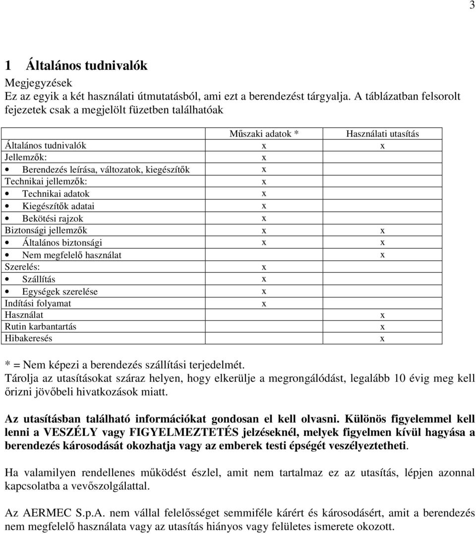 jellemzk: Technikai adatok Kiegészítk adatai Bekötési rajzok Biztonsági jellemzk Általános biztonsági Nem megfelel használat Szerelés: Szállítás Egységek szerelése Indítási folyamat Használat Rutin