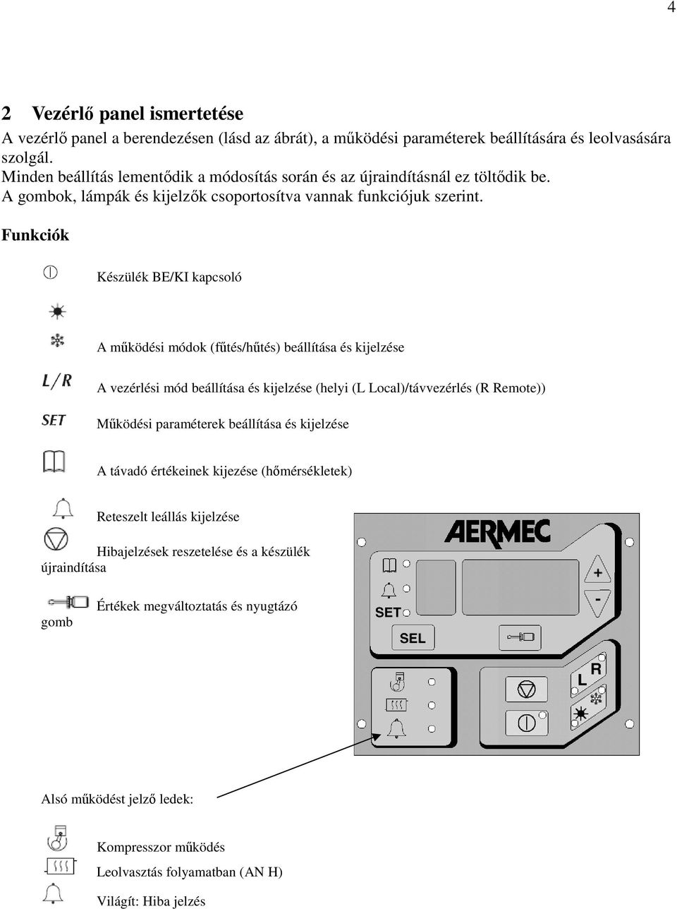 Funkciók Készülék BE/KI kapcsoló A mködési módok (ftés/htés) beállítása és kijelzése A vezérlési mód beállítása és kijelzése (helyi (L Local)/távvezérlés (R Remote)) Mködési paraméterek