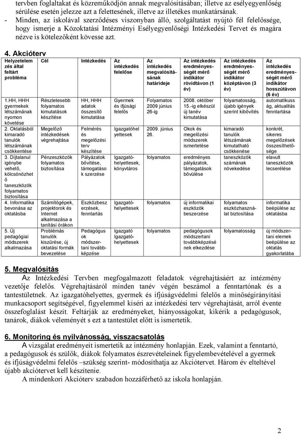 kövesse azt. 4. Akcióterv Helyzetelem zés által feltárt probléma 1.HH, HHH gyermekek nyomon követése 2. Oktatásból kimaradó csökkentése 3.