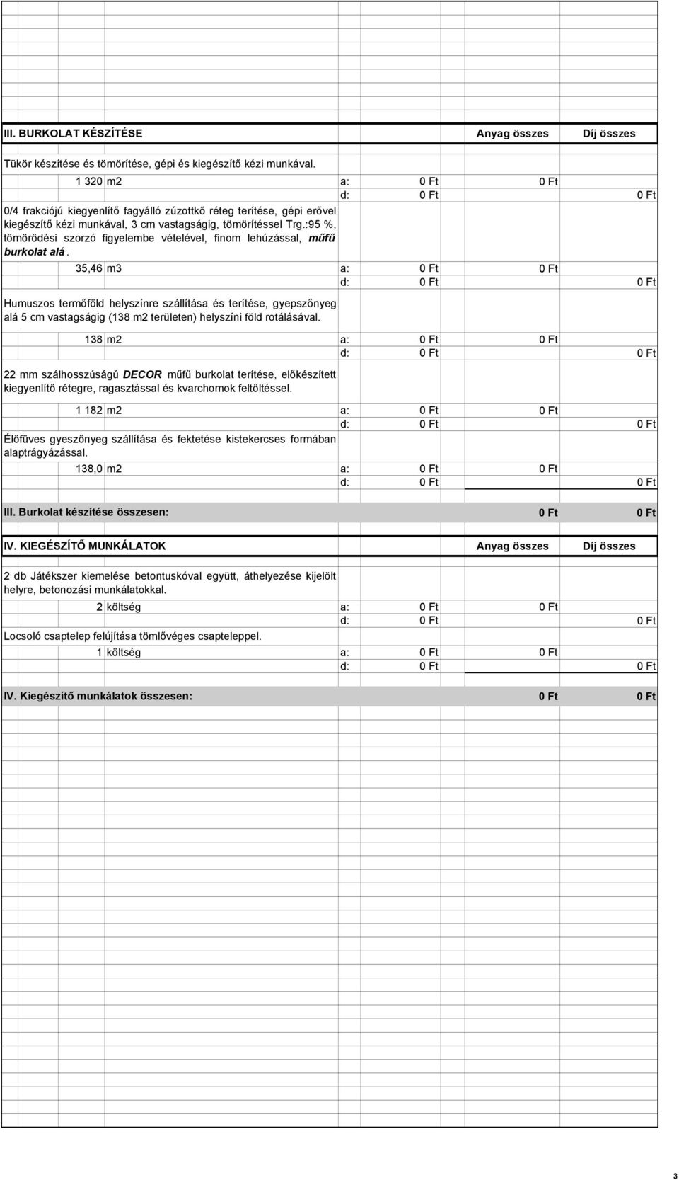 :95 %, tömörödési szorzó figyelembe vételével, finom lehúzással, műfű burkolat alá.