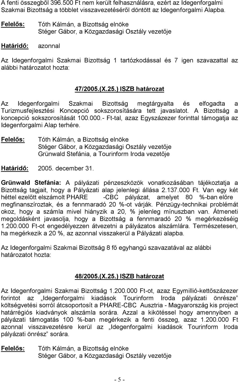 - Ft-tal, azaz Egyszázezer forinttal támogatja az Idegenforgalmi Alap terhére. 2005. december 31.