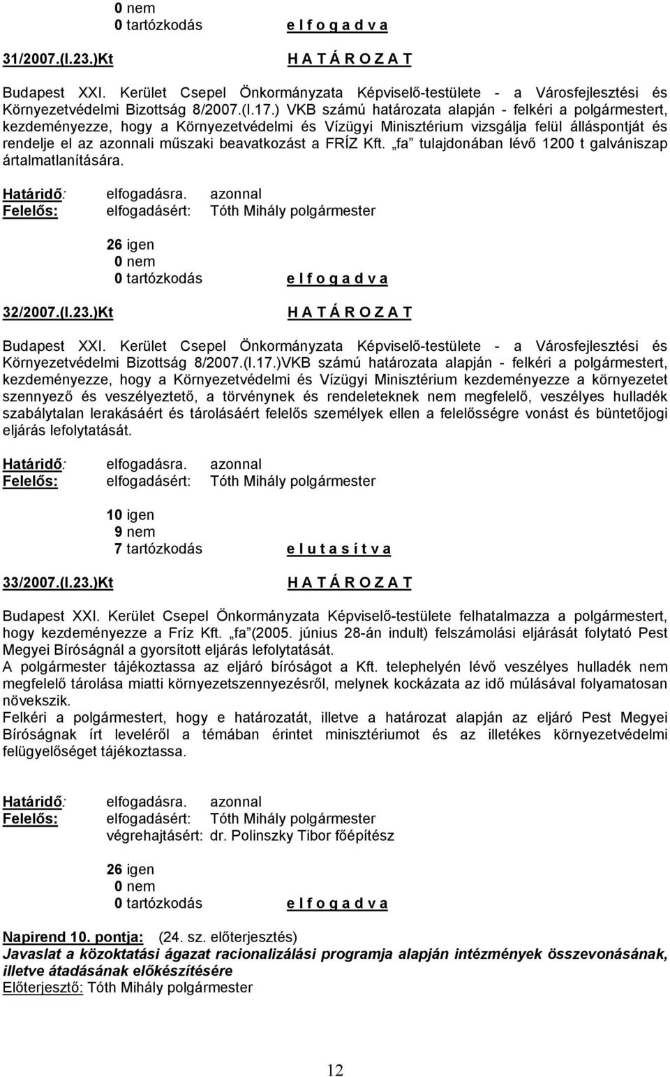 FRÍZ Kft. fa tulajdonában lévő 1200 t galvániszap ártalmatlanítására. elfogadásra. azonnal elfogadásért: 26 igen 32/2007.(I.23.)Kt Budapest XXI.