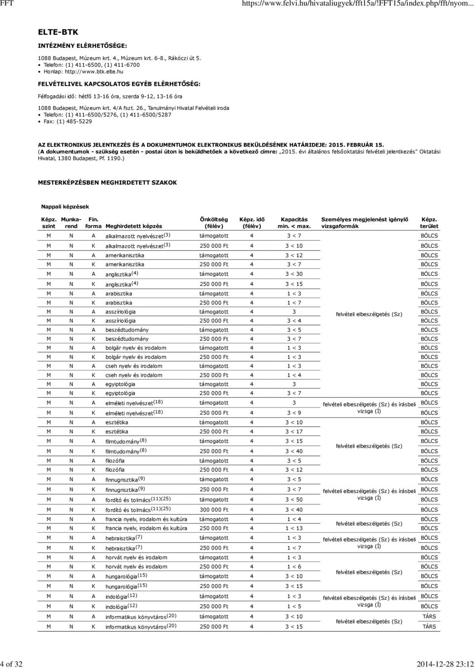 , Tanulmányi Hivatal Felvételi iroda Telefon: (1) 411-6500/5276, (1) 411-6500/5287 Fax: (1) 485-5229 AZ ELEKTRONIKUS JELENTKEZÉS ÉS A DOKUMENTUMOK ELEKTRONIKUS BEKÜLDÉSÉNEK HATÁRIDEJE: 2015.