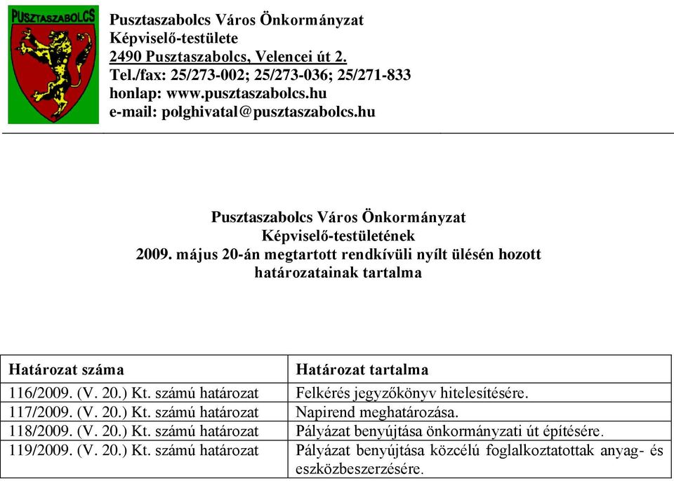 május 20-án megtartott rendkívüli nyílt ülésén hozott határozatainak tartalma Határozat száma Határozat tartalma 116/2009. (V. 20.) Kt.