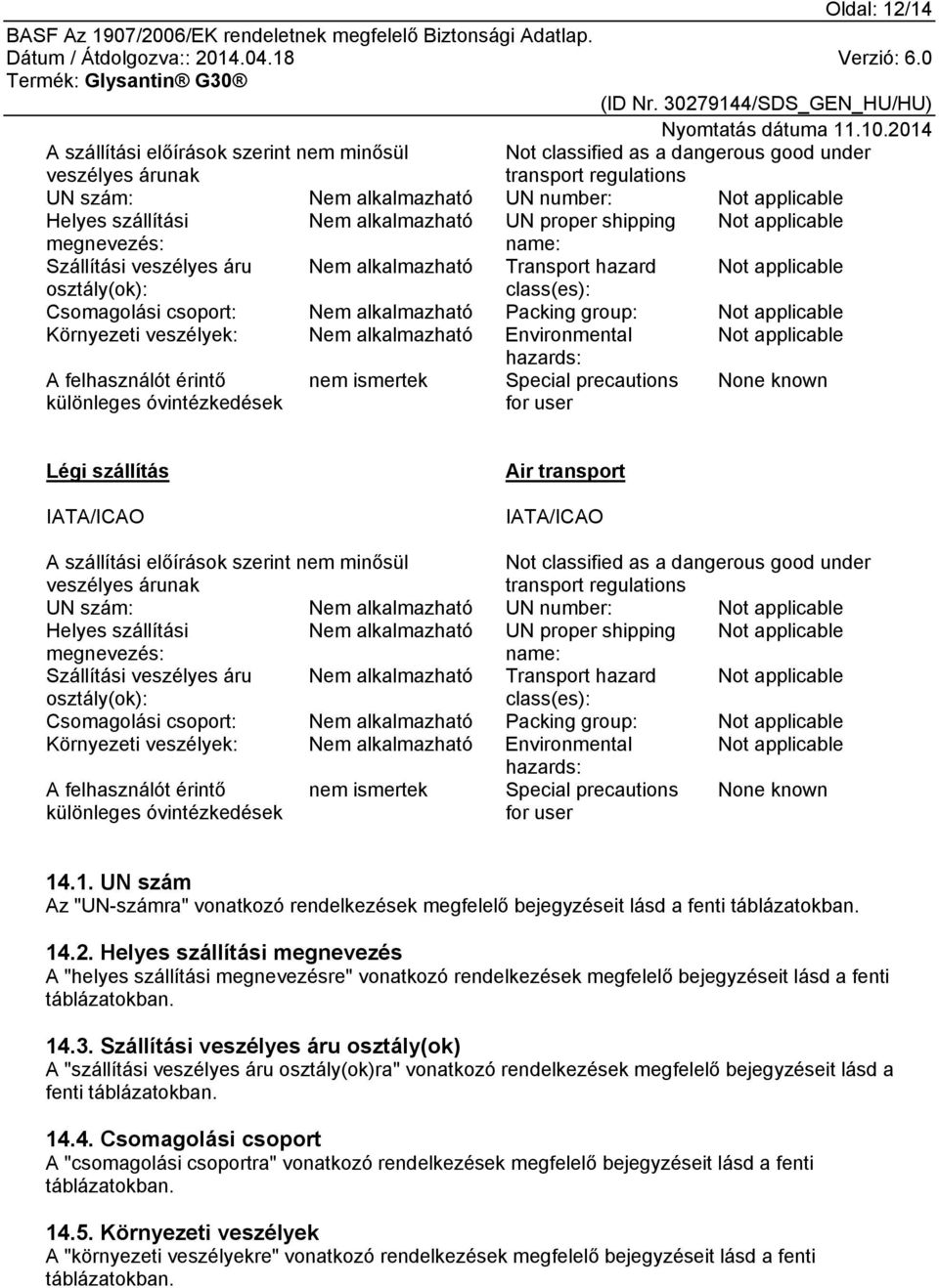 Environmental Not applicable hazards: A felhasználót érintő különleges óvintézkedések nem ismertek Special precautions for user None known Légi szállítás IATA/ICAO Air transport IATA/ICAO A