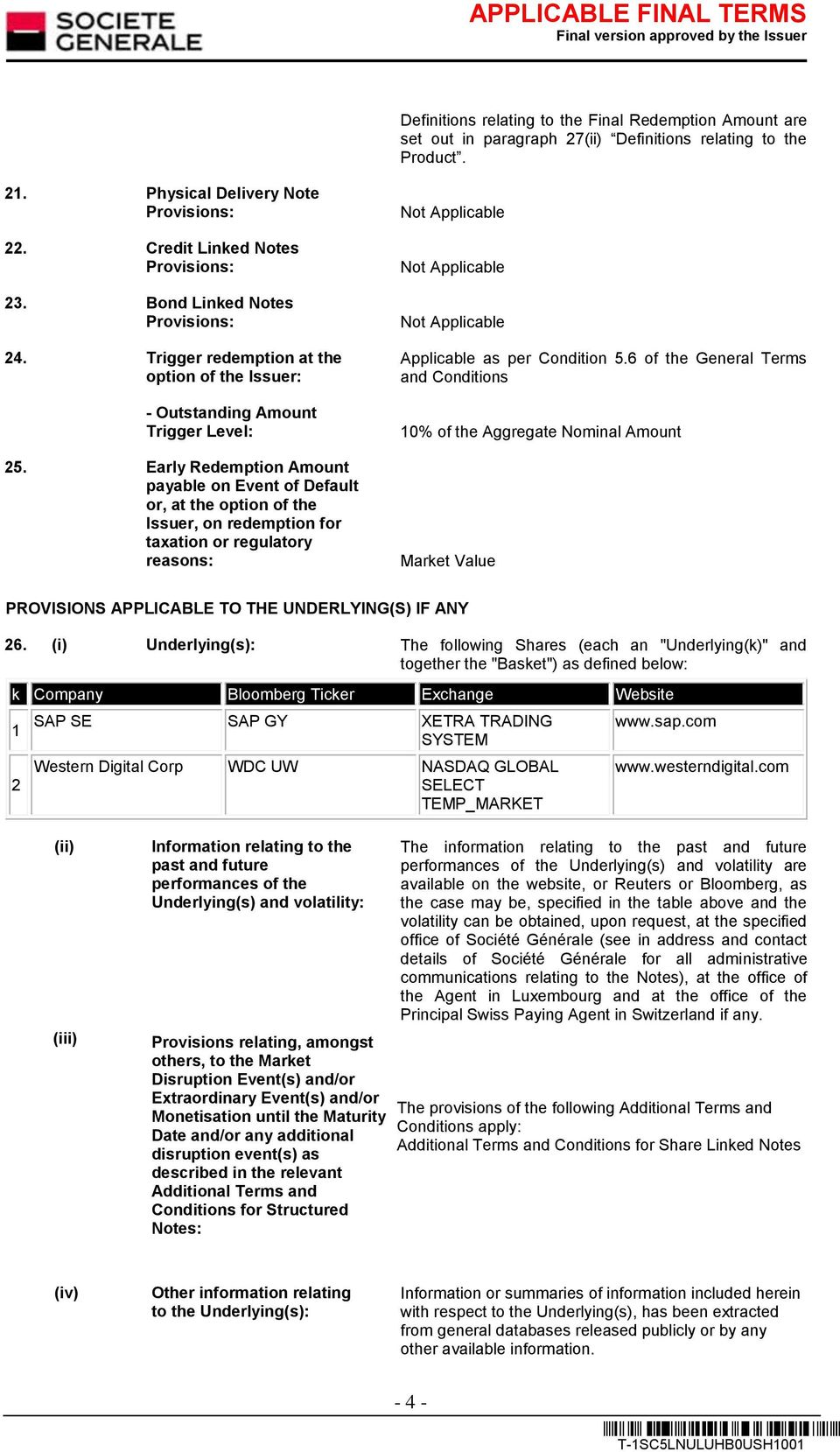 Early Redemption Amount payable on Event of Default or, at the option of the Issuer, on redemption for taxation or regulatory reasons: Applicable as per Condition 5.