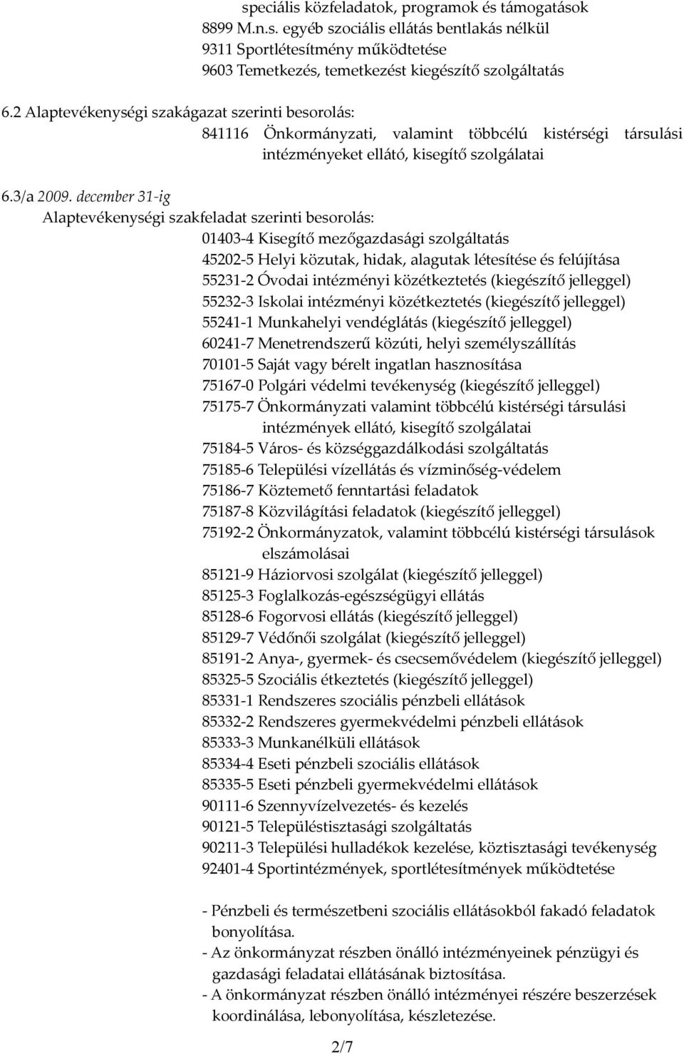 december 31-ig Alaptevékenységi szakfeladat szerinti besorolás: 01403-4 Kisegítő mezőgazdasági szolgáltatás 45202-5 Helyi közutak, hidak, alagutak létesítése és felújítása 55231-2 Óvodai intézményi