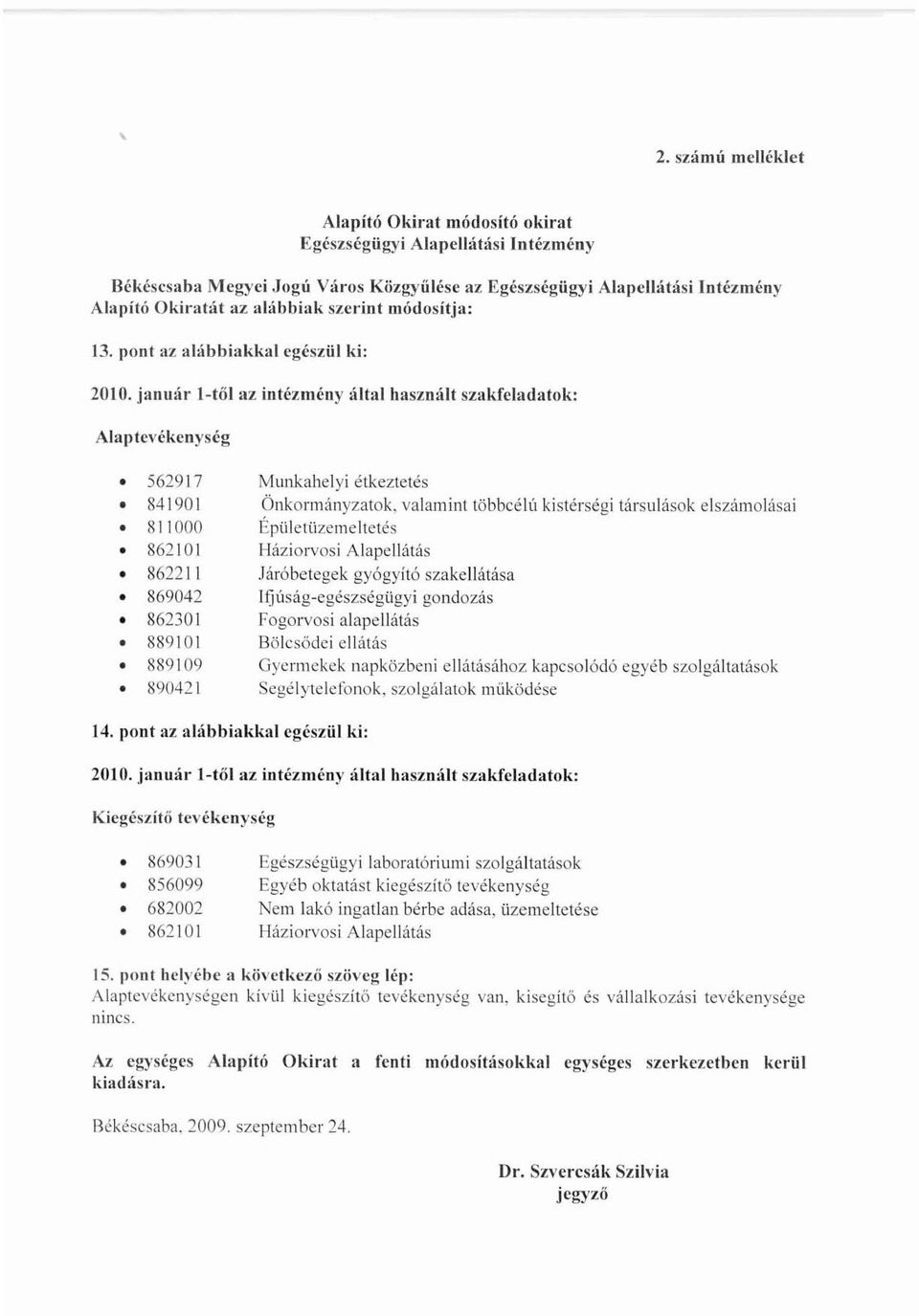 január l-től az intézmény által használt szakfcladatok: Alaptcvékenység 562917 841901 811000 862101 862211 869042 862301 889101 889109 890421 Munkahelyi étkeztetés Önkormányzatok.