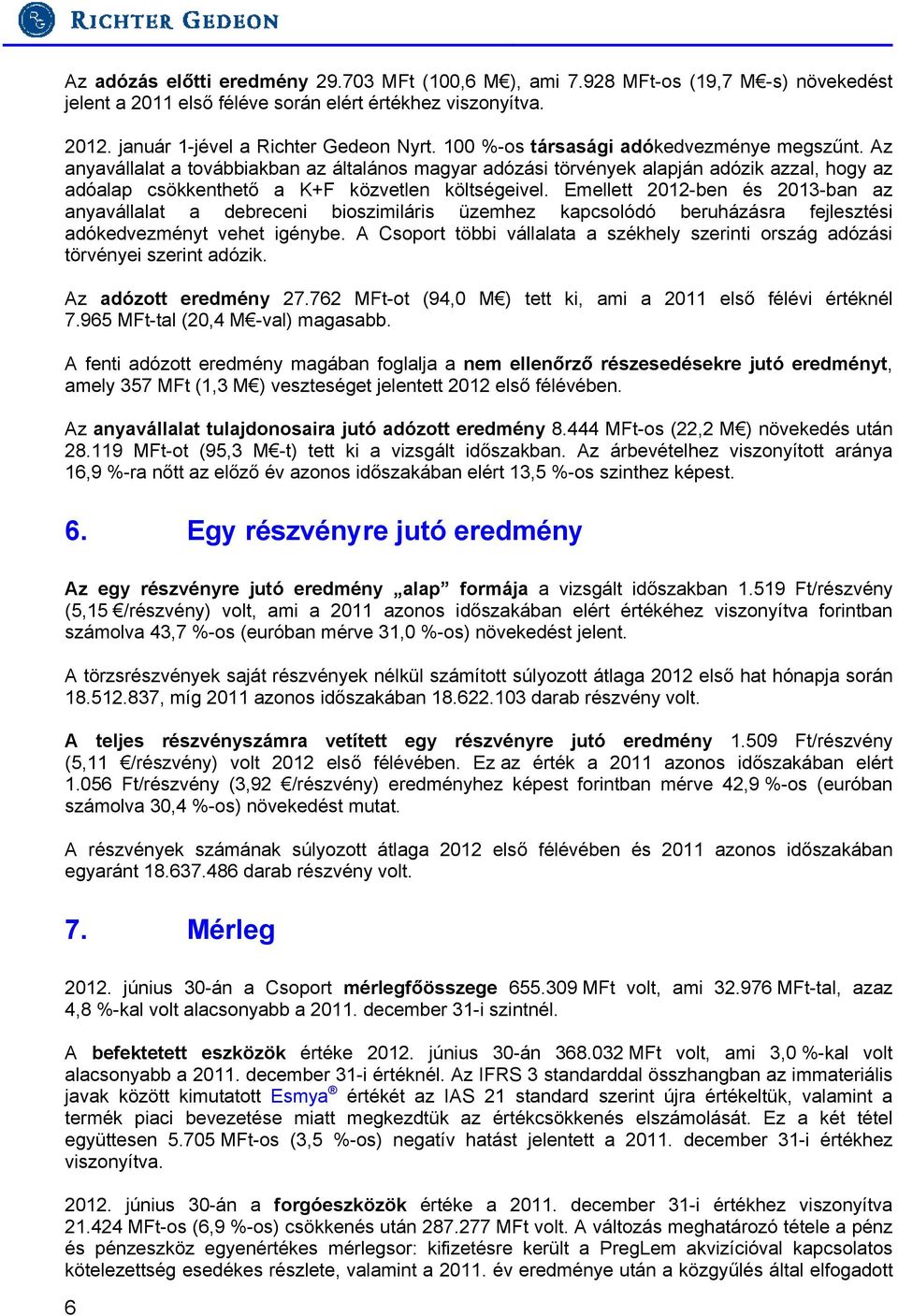 Emellett 2012-ben és 2013-ban az anyavállalat a debreceni bioszimiláris üzemhez kapcsolódó beruházásra fejlesztési adókedvezményt vehet igénybe.