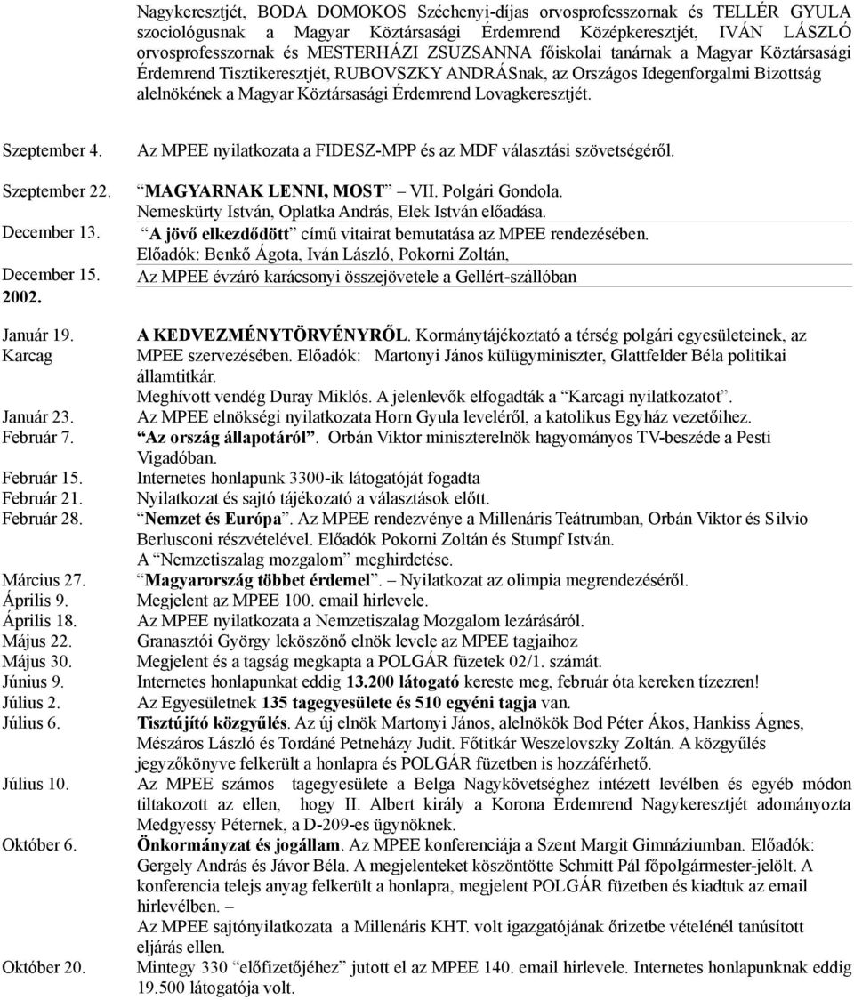 Szeptember 4. Az MPEE nyilatkozata a FIDESZ-MPP és az MDF választási szövetségéről. Szeptember 22. MAGYARNAK LENNI, MOST VII. Polgári Gondola. Nemeskürty István, Oplatka András, Elek István előadása.