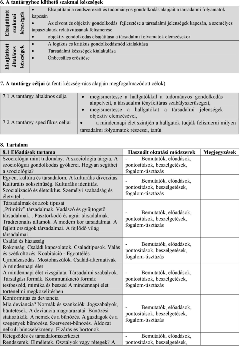 elemzésekor A logikus és kritikus gondolkodásmód kialakítása Társadalmi készségek kialakulása Önbecsülés erősítése 7. A tantárgy céljai (a fenti készség-rács alapján megfogalmazódott célok) 7.