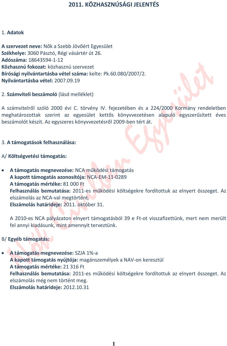 Számviteli beszámoló (lásd melléklet) A számvitelről szóló 2000 évi C. törvény IV.