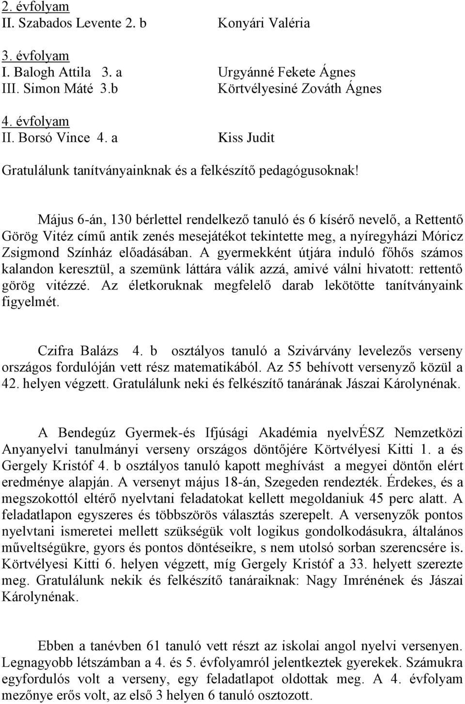 Május 6-án, 130 bérlettel rendelkező tanuló és 6 kísérő nevelő, a Rettentő Görög Vitéz című antik zenés mesejátékot tekintette meg, a nyíregyházi Móricz Zsigmond Színház előadásában.