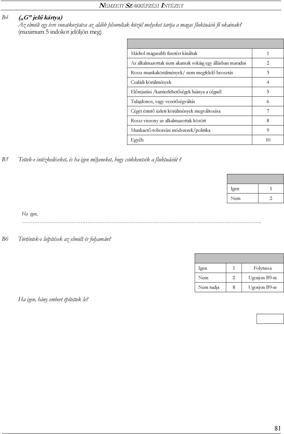 4 Előrejutási /karrierlehetőségek hiánya a cégnél 5 Tulajdonos, vagy vezetőségváltás 6 Céget érintő üzleti körülmények megváltozása 7 Rossz viszony az alkalmazottak között 8 Munkaerő-toborzási