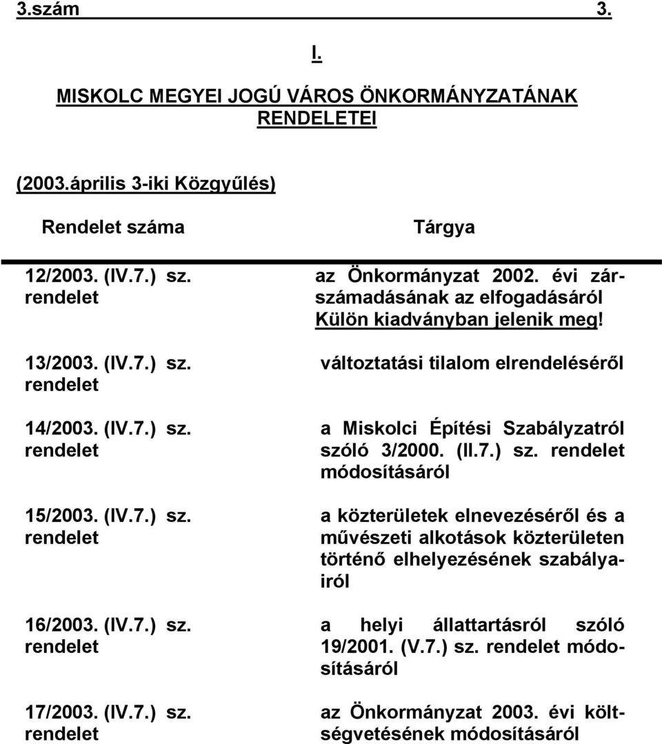 évi zárszámadásának az elfogadásáról Külön kiadványban jelenik meg! változtatási tilalom elrendeléséről a Miskolci Építési Szabályzatról szóló 3/2000. (II.7.) sz.