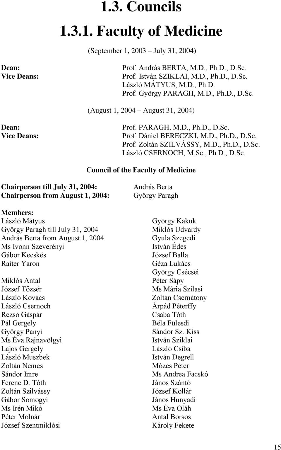 Sc., Ph.D., D.Sc. Council of the Faculty of Medicine Chairperson till July 31, 2004: Chairperson from August 1, 2004: Members: László Mátyus György Paragh till July 31, 2004 András Berta from August