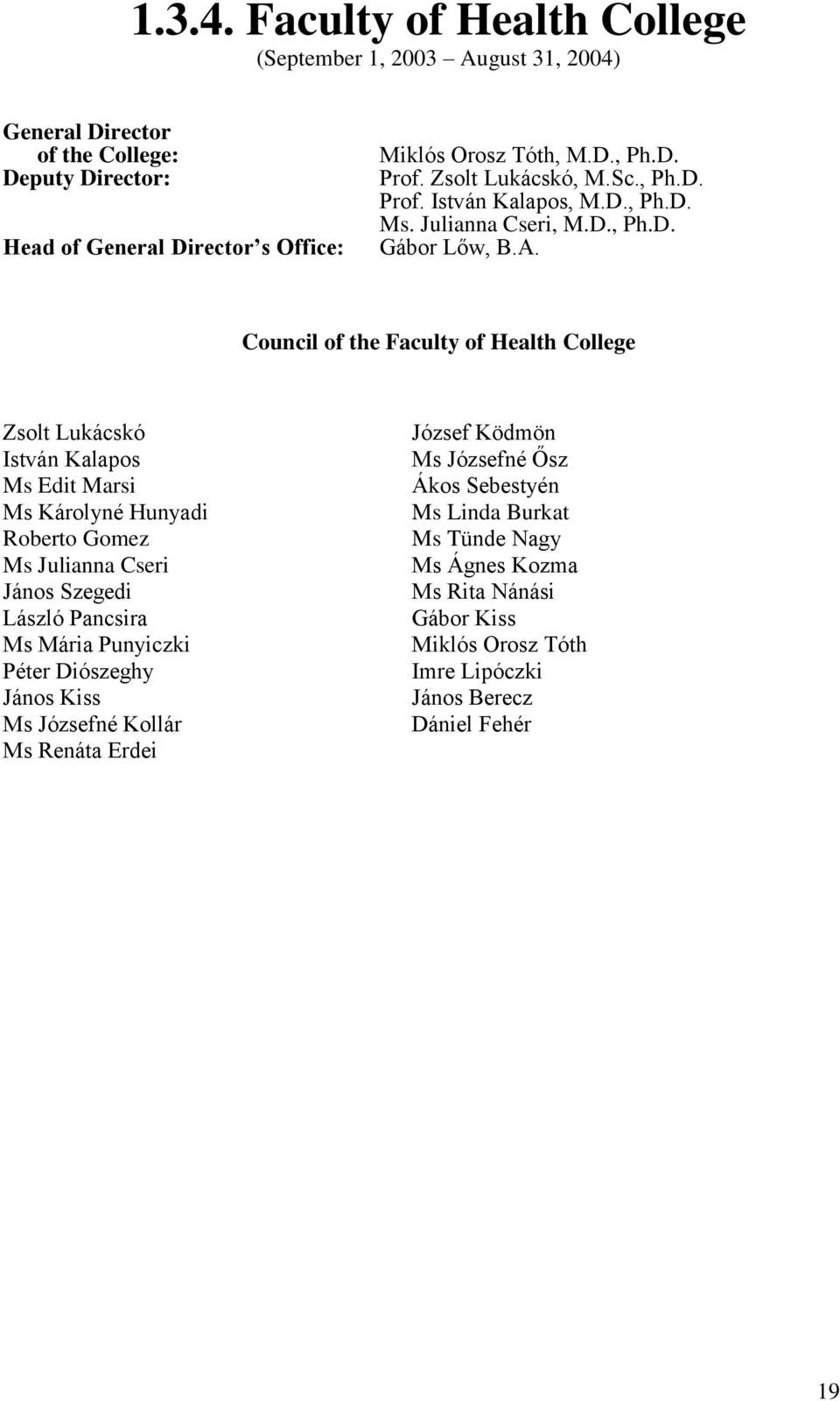 Council of the Faculty of Health College Zsolt Lukácskó István Kalapos Ms Edit Marsi Ms Károlyné Hunyadi Roberto Gomez Ms Julianna Cseri János Szegedi László Pancsira Ms Mária