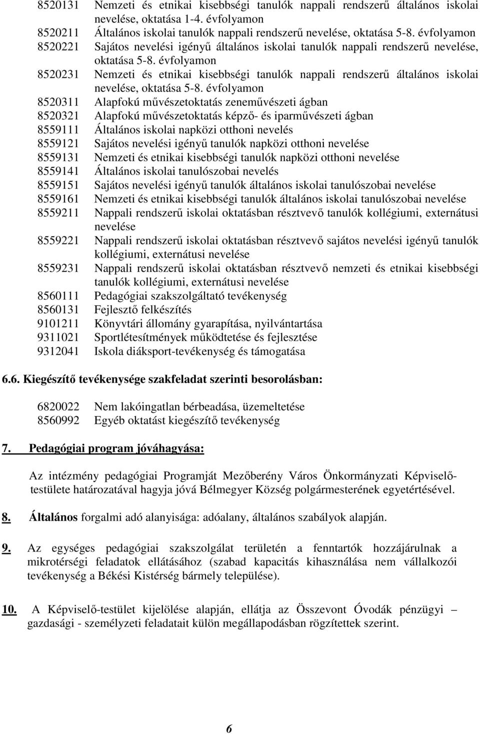 évfolyamon 8520231 Nemzeti és etnikai kisebbségi tanulók nappali rendszerő általános iskolai nevelése, oktatása 5-8.