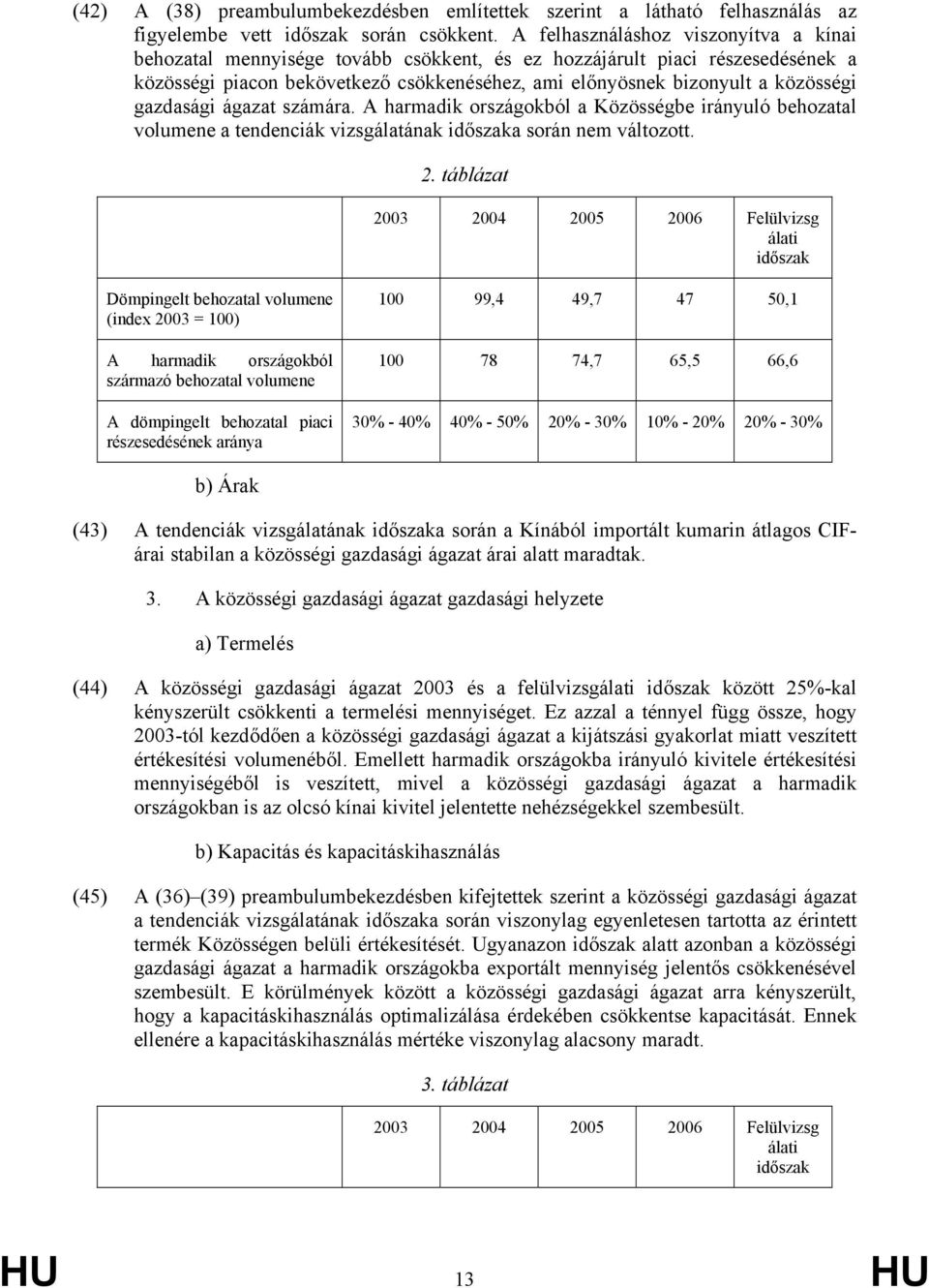 gazdasági ágazat számára. A harmadik országokból a Közösségbe irányuló behozatal volumene a tendenciák vizsgálatának időszaka során nem változott. 2.