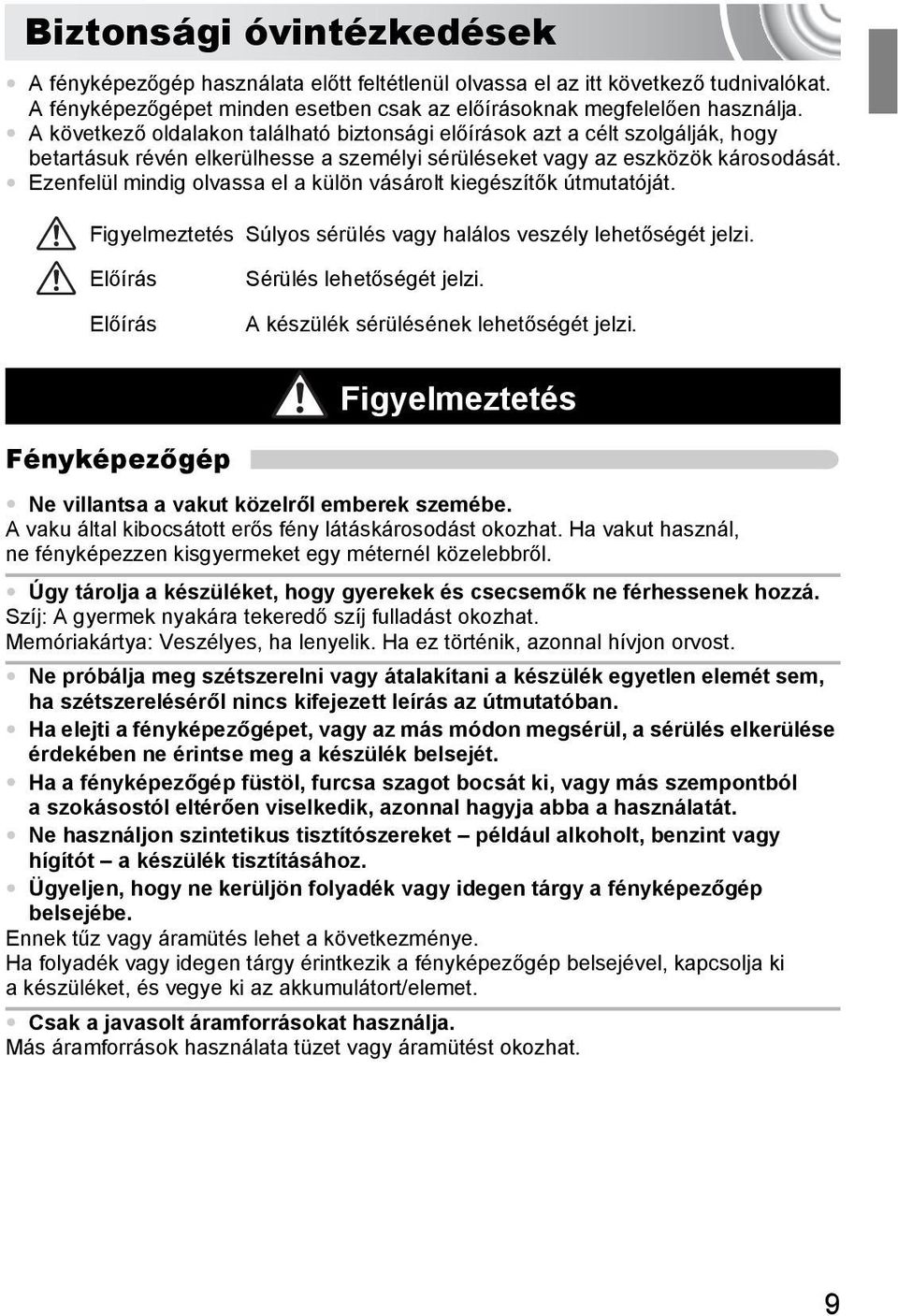 Ezenfelül mindig olvassa el a külön vásárolt kiegészítők útmutatóját. Figyelmeztetés Súlyos sérülés vagy halálos veszély lehetőségét jelzi. Előírás Előírás Sérülés lehetőségét jelzi.