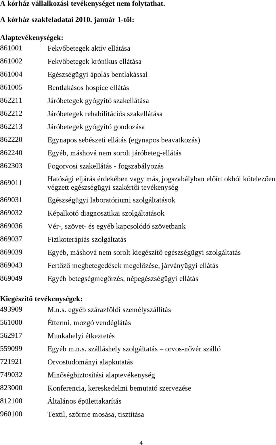 gyógyító szakellátása 862212 Járóbetegek rehabilitációs szakellátása 862213 Járóbetegek gyógyító gondozása 862220 Egynapos sebészeti ellátás (egynapos beavatkozás) 862240 Egyéb, máshová nem sorolt