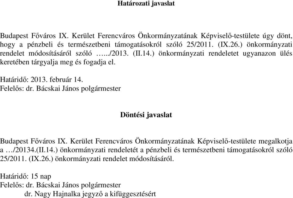 Bácskai János polgármester Döntési javaslat Budapest Főváros IX. Kerület Ferencváros Önkormányzatának Képviselő-testülete megalkotja a /20134.(II.14.