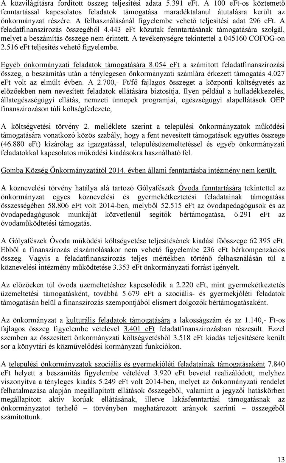 A tevékenységre tekintettel a 045160 COFOG-on 2.516 eft teljesítés vehető figyelembe. Egyéb önkormányzati feladatok támogatására 8.