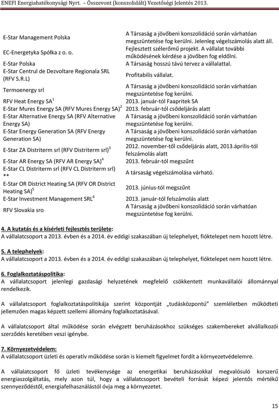 (RFV S.R.L) Termoenergy srl RFV Heat Energy SA 1 E-Star Mures Energy SA (RFV Mures Energy SA) 2 E-Star Alternative Energy SA (RFV Alternative Energy SA) E-Star Energy Generation SA (RFV Energy