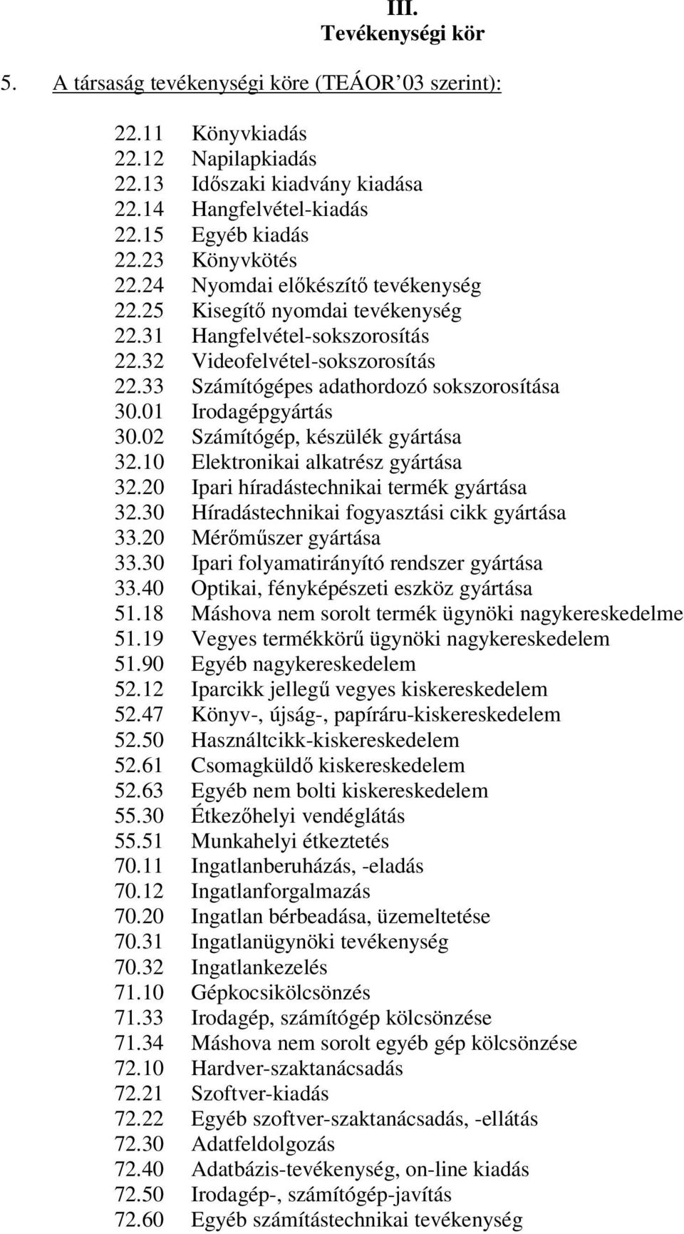 01 Irodagépgyártás 30.02 Számítógép, készülék gyártása 32.10 Elektronikai alkatrész gyártása 32.20 Ipari híradástechnikai termék gyártása 32.30 Híradástechnikai fogyasztási cikk gyártása 33.