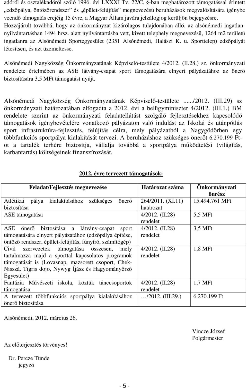 jelzálogjog kerüljön bejegyzésre. Hozzájárult továbbá, hogy az önkormányzat kizárólagos tulajdonában álló, az alsónémedi ingatlannyilvántartásban 1494 hrsz.