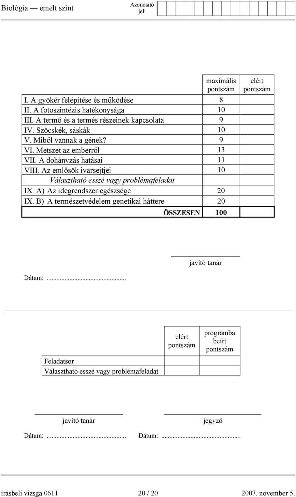 Az emlősök ivarsejtjei 10 Választható esszé vagy problémafeladat IX. A) Az idegrendszer egészsége 20 IX.