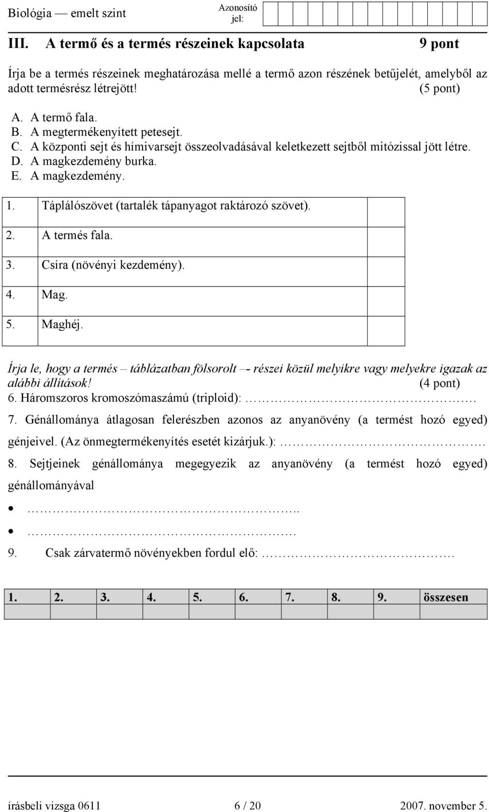 Táplálószövet (tartalék tápanyagot raktározó szövet). 2. A termés fala. 3. Csíra (növényi kezdemény). 4. Mag. 5. Maghéj.