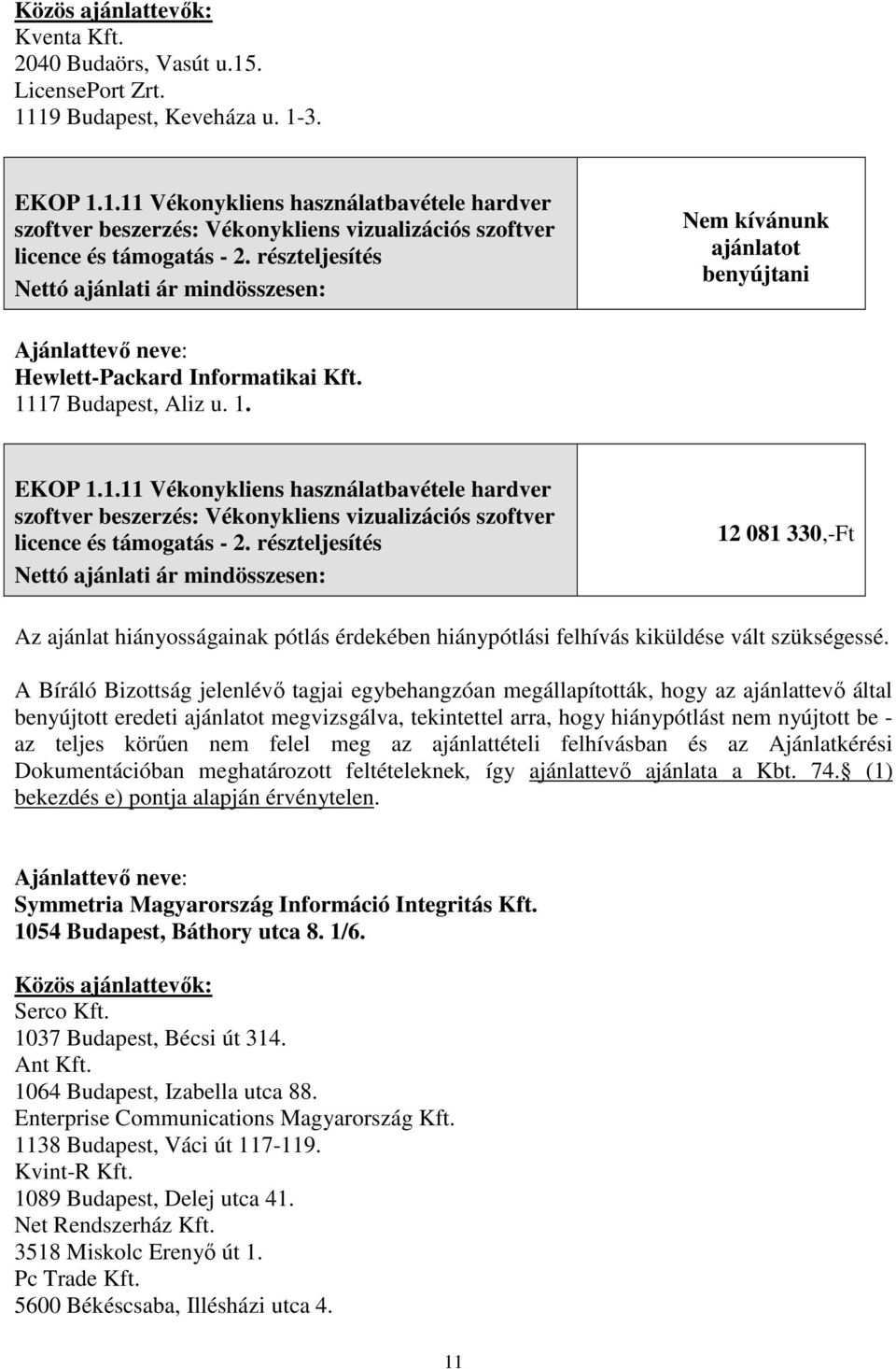 részteljesítés 12 081 330,-Ft Az ajánlat hiányosságainak pótlás érdekében hiánypótlási felhívás kiküldése vált szükségessé.