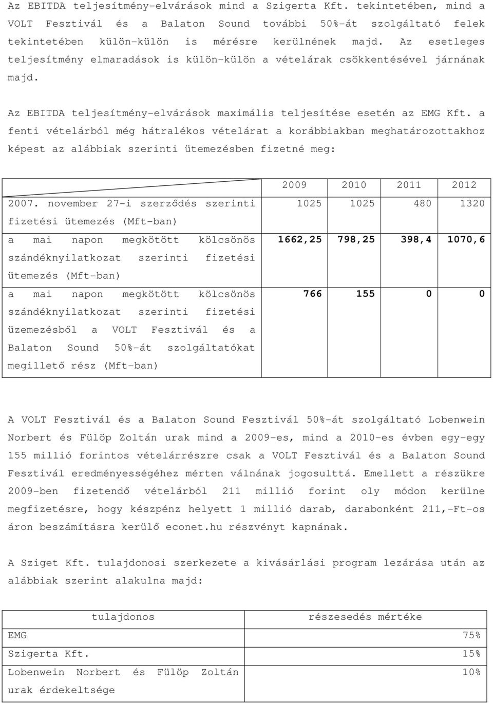 a fenti vételárból még hátralékos vételárat a korábbiakban meghatározottakhoz képest az alábbiak szerinti ütemezésben fizetné meg: 2007.