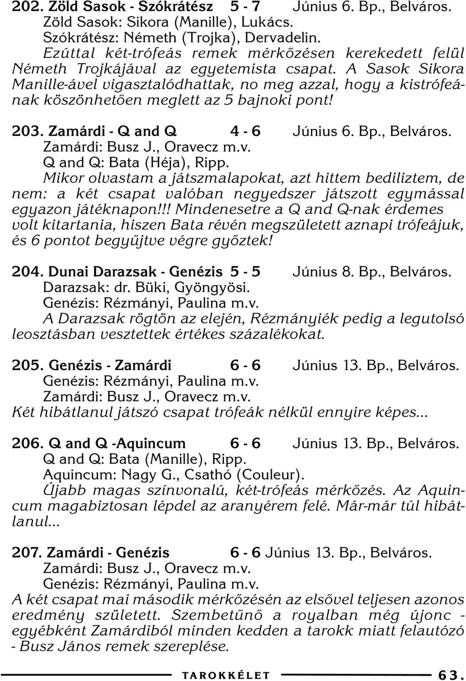 A Sasok Sikora Manille-ável vigasztalódhattak, no meg azzal, hogy a kistrófeának köszönhetõen meglett az 5 bajnoki pont! 203. Zamárdi - Q and Q 4-6 Június 6. Bp., Belváros. Zamárdi: Busz J.