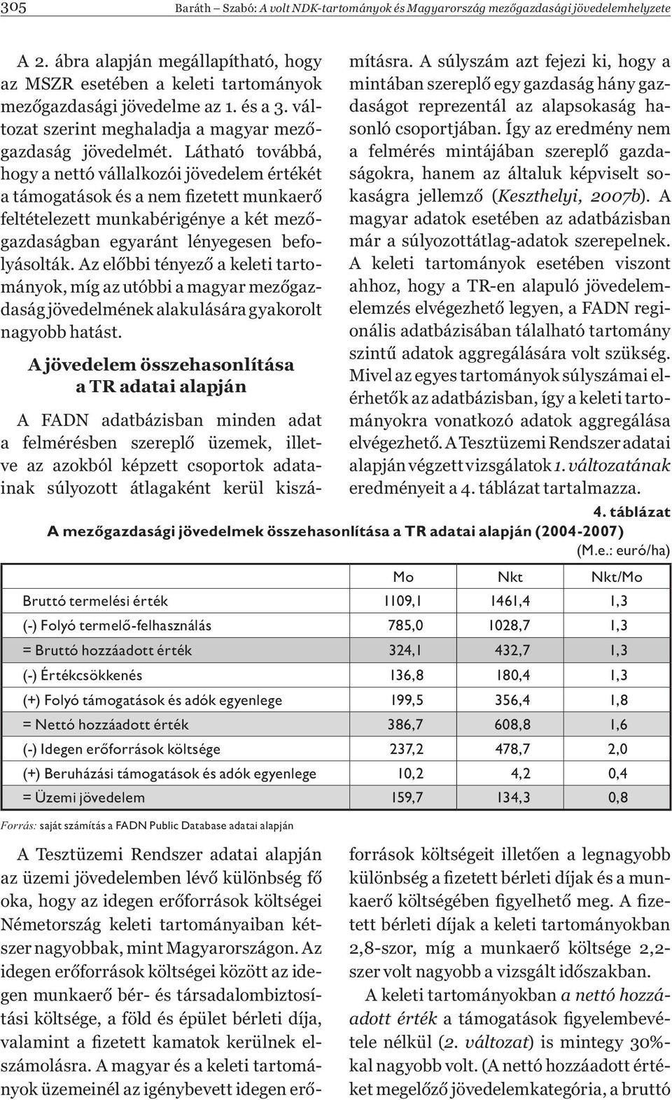 Látható továbbá, hogy a nettó vállalkozói jövedelem értékét a támogatások és a nem fizetett munkaerő feltételezett munkabérigénye a két mezőgazdaságban egyaránt lényegesen befolyásolták.