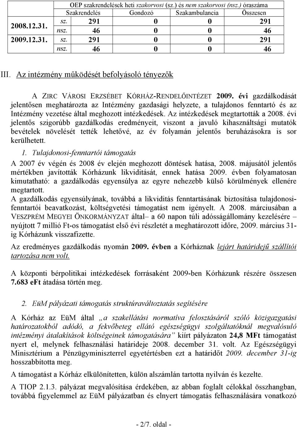 évi gazdálkodását jelentősen meghatározta az Intézmény gazdasági helyzete, a tulajdonos fenntartó és az Intézmény vezetése által meghozott intézkedések. Az intézkedések megtartották a 2008.