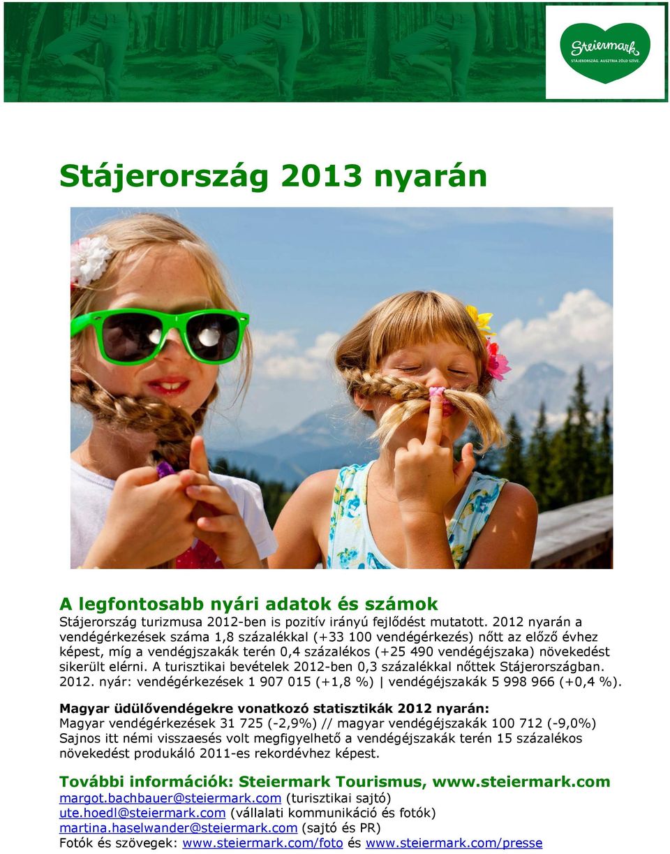 A turisztikai bevételek 2012-ben 0,3 százalékkal nőttek Stájerországban. 2012. nyár: vendégérkezések 1 907 015 (+1,8 %) vendégéjszakák 5 998 966 (+0,4 %).